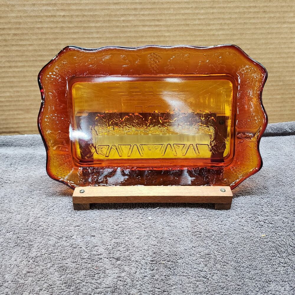 Vintage Amber glass pate The Last Supper with stand U